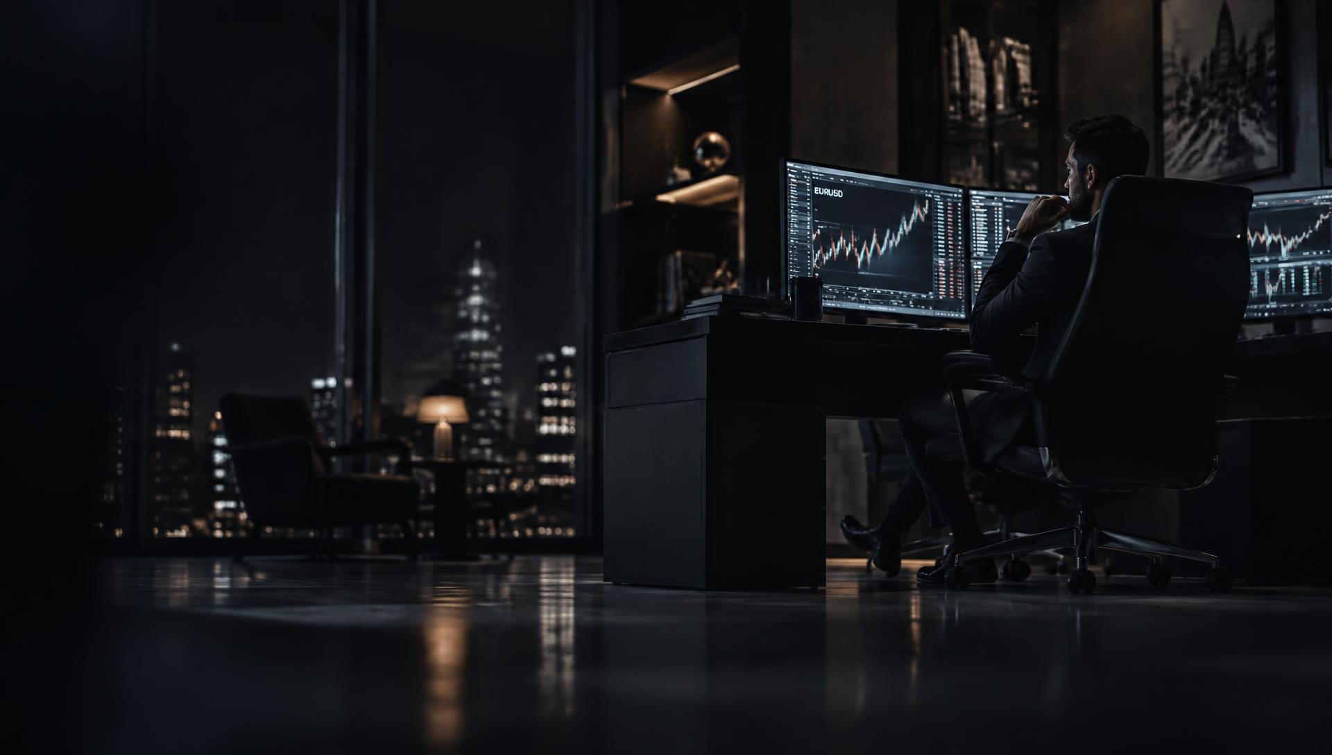 Trader reviewing currency charts at night